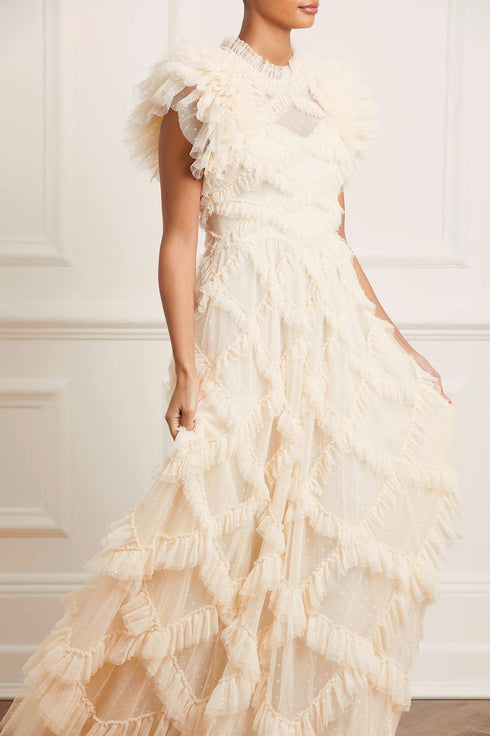 Genevieve Ruffle Gown - Beige