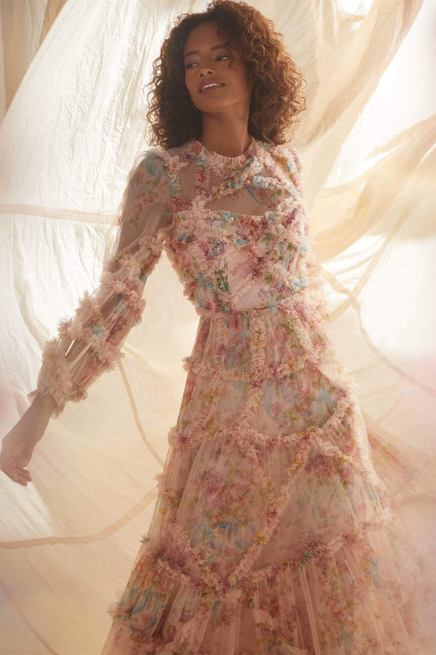 Floral Diamond Ruffle Gown - Pink