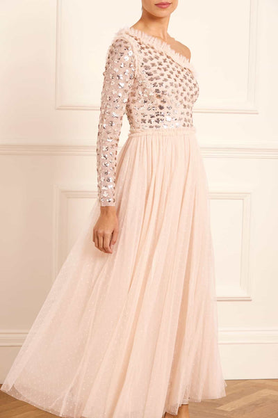 Glisten Bodice One-Shoulder Ankle Gown