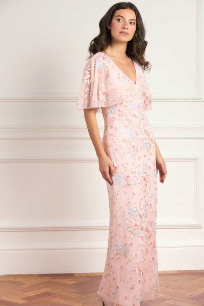 Peony Bouquet V-Neck Cape Gown