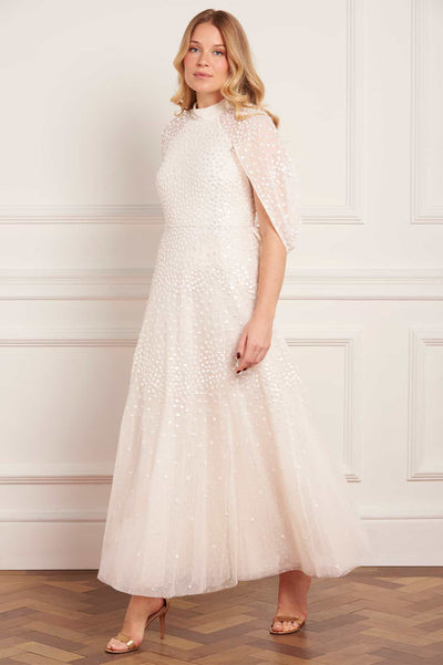 Scallop Sequin Cape Ankle Gown