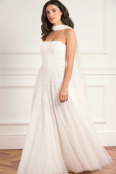 Sunrise Sequin Strapless Cape Gown