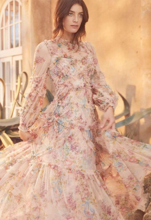Floral Diamond Ruffle Gown - Pink