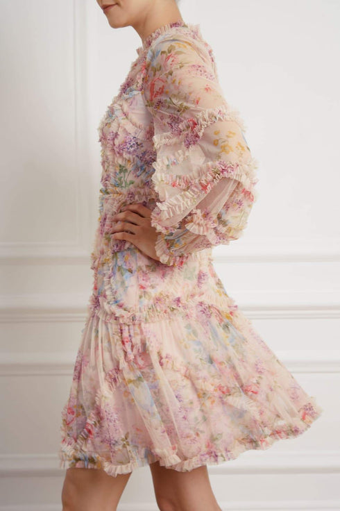 Floral Diamond Ruffle Dress - Pink