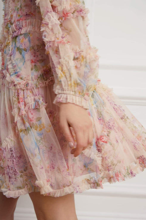 Floral Diamond Ruffle Dress - Pink
